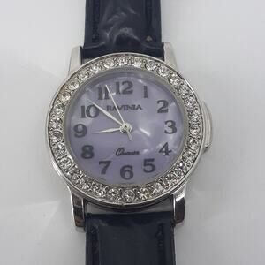 Ravinia Women's Black Croc Embossed Faux Leather Strap Japan Movement Rhinestone